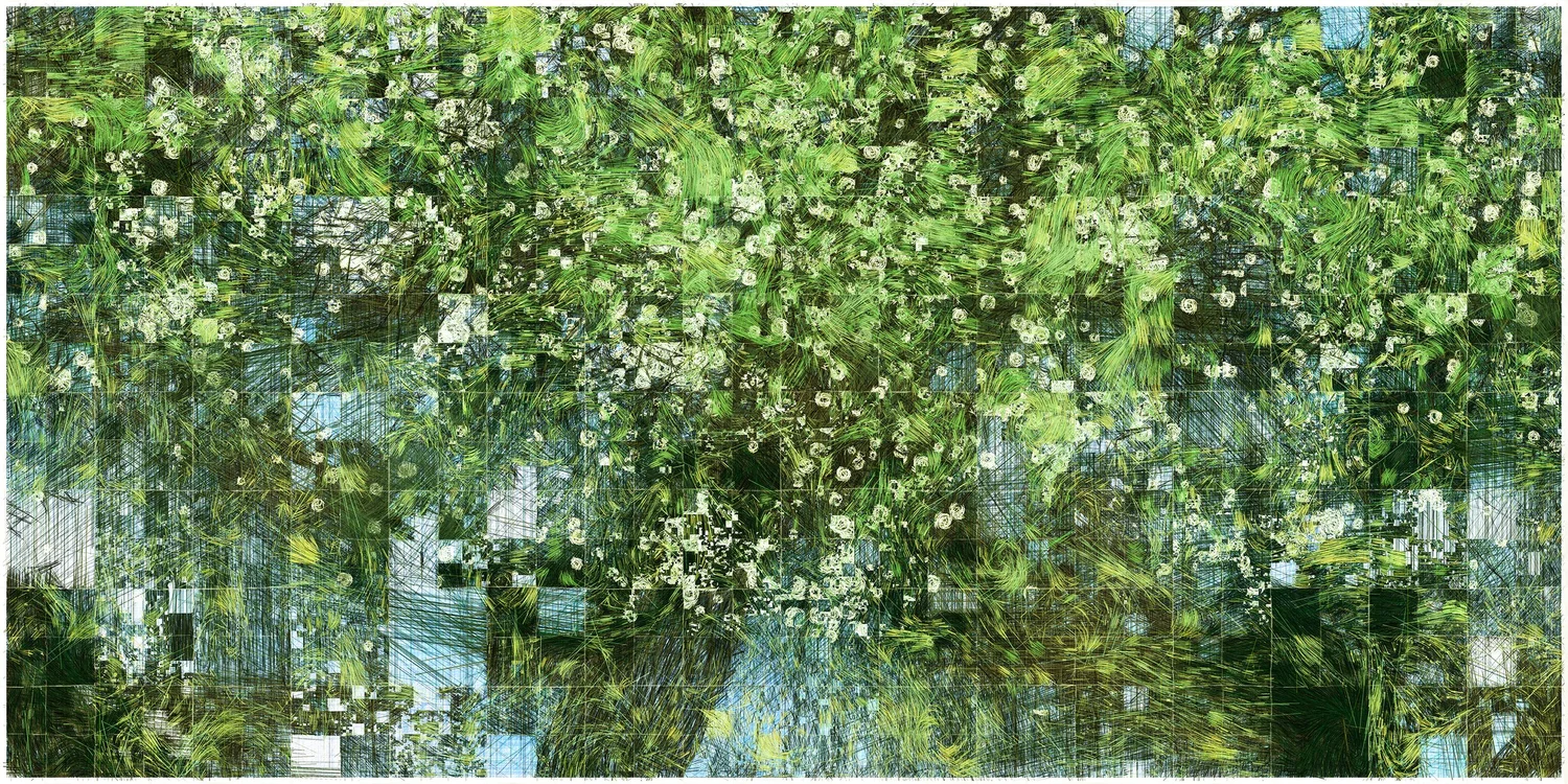 Generative artwork, dense green and white floral algorithmic composition