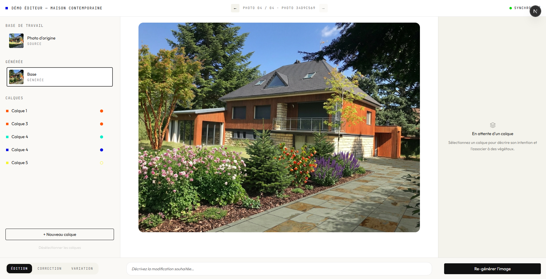 The same scene after generation: the driveway is replaced by stone paving and a flower bed of roses, conifers and salvia, produced from the layered intentions
