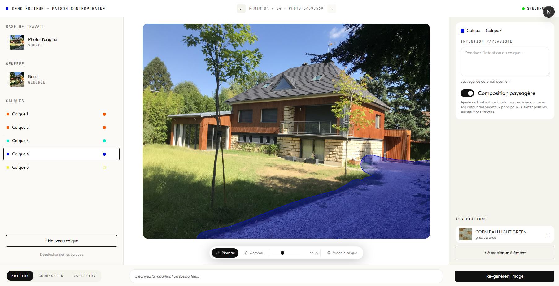 Landscape editor with a house photo, left sidebar listing colored layers (Calque 1–5), the active blue layer painting a mask over the driveway, right panel showing layer intention text, a 'Composition paysagère' toggle, and an associated material (Coem Bali Light Green ceramic tile)