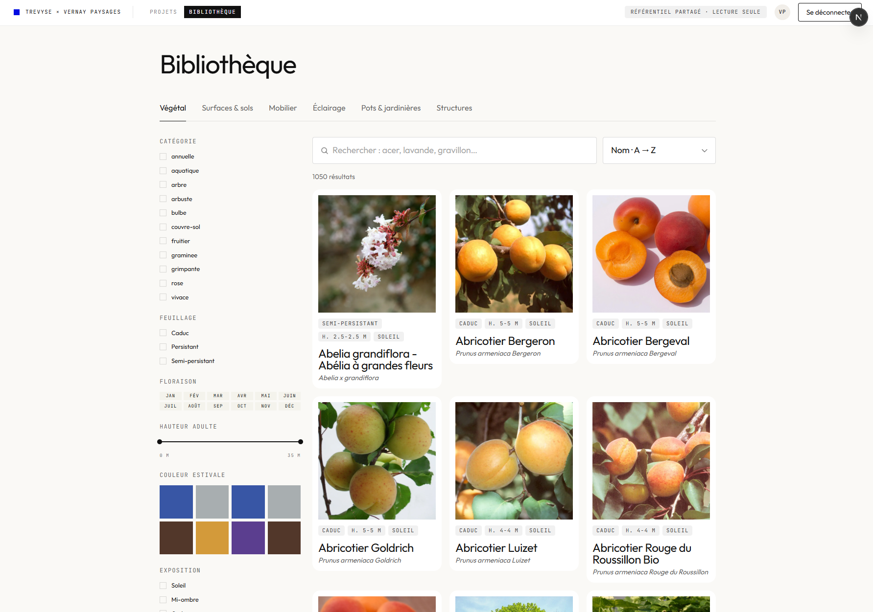 Shared library of 1050 plants with filters by category, foliage, flowering months, adult height, summer color and exposure, each entry has photo, common name, latin name and care tags